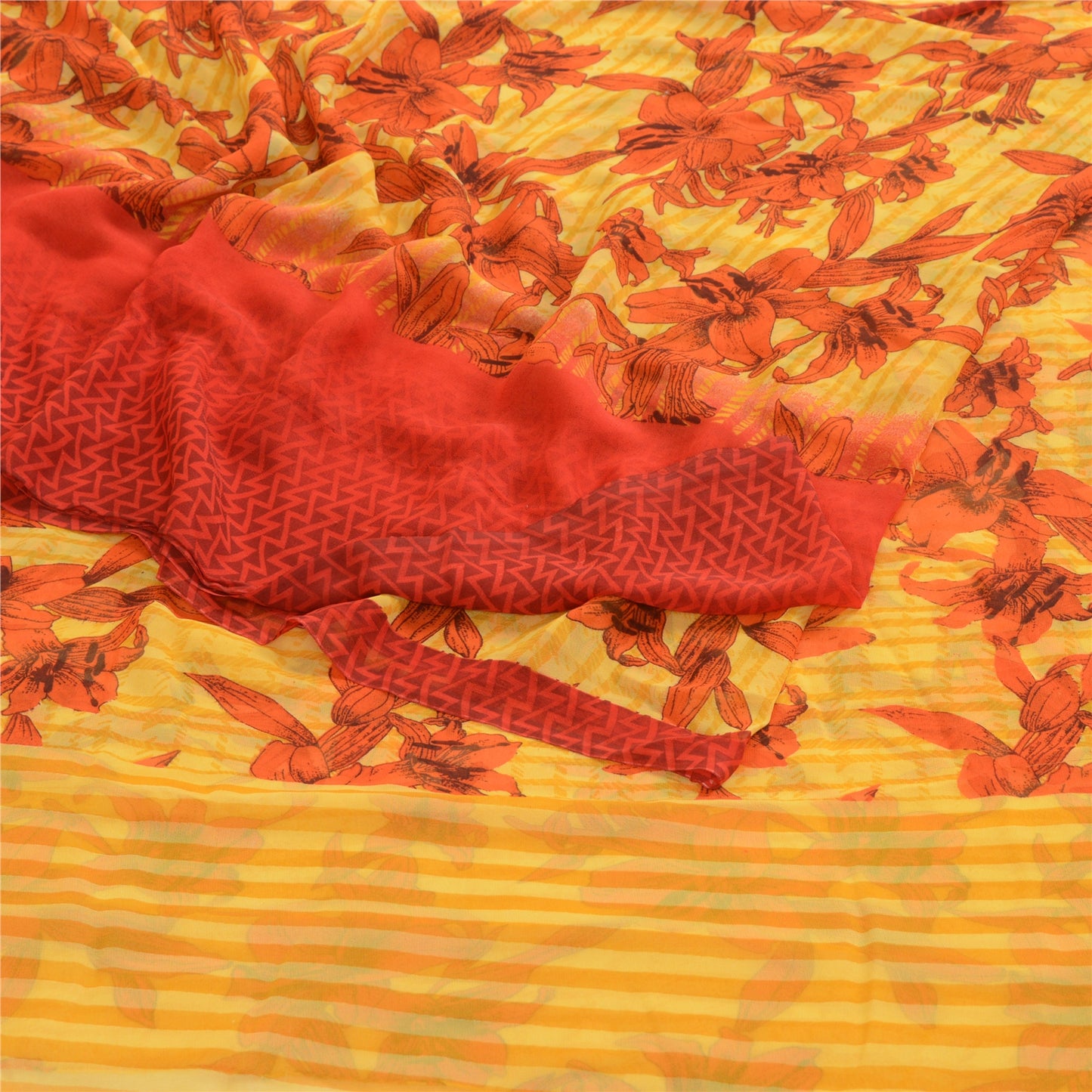 Sanskriti Vintage Yellow Indian Sarees Printed Georgette Sari Craft 5Yard Fabric