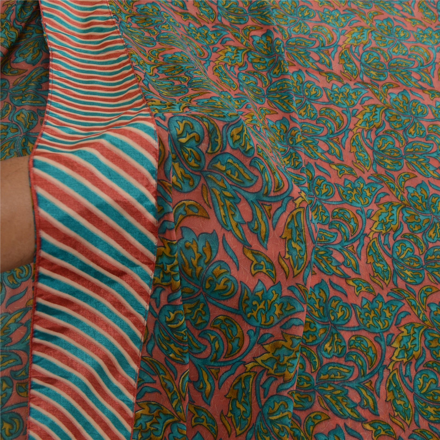 Sanskriti Vintage Green Indian Sarees Printed Georgette Sari 5yd Craft Fabric