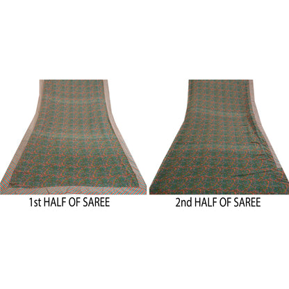 Sanskriti Vintage Green Indian Sarees Printed Georgette Sari 5yd Craft Fabric