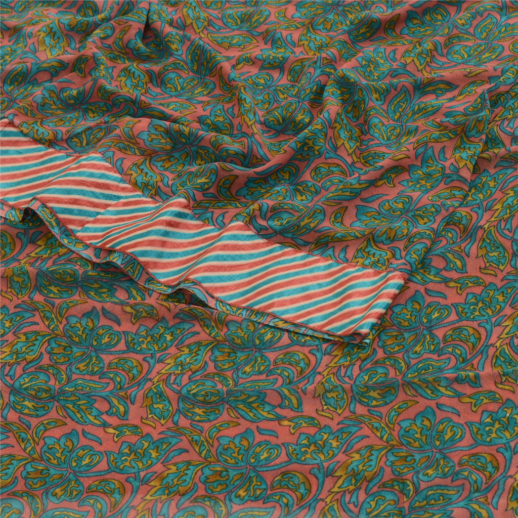 Sanskriti Vintage Green Indian Sarees Printed Georgette Sari 5yd Craft Fabric