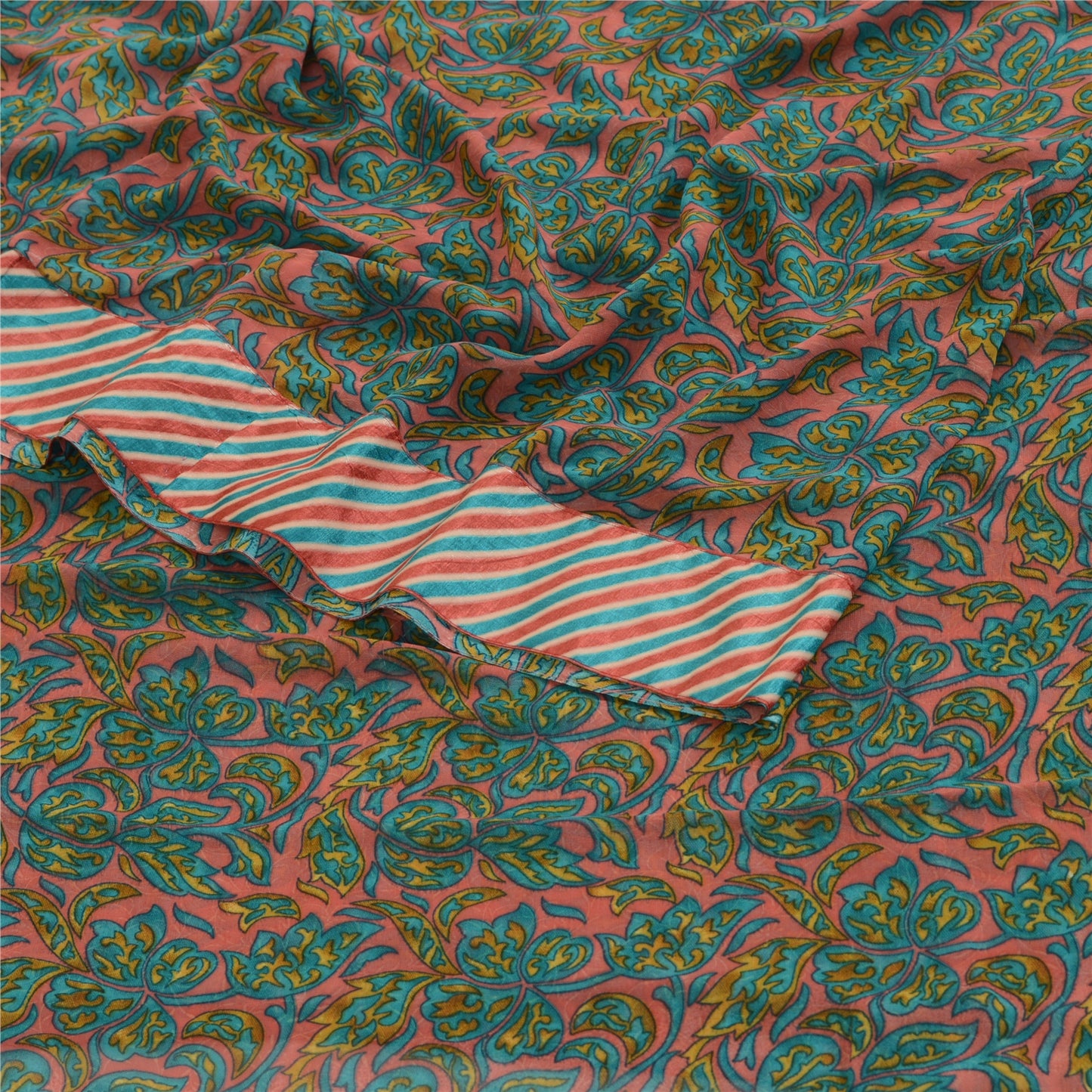 Sanskriti Vintage Green Indian Sarees Printed Georgette Sari 5yd Craft Fabric