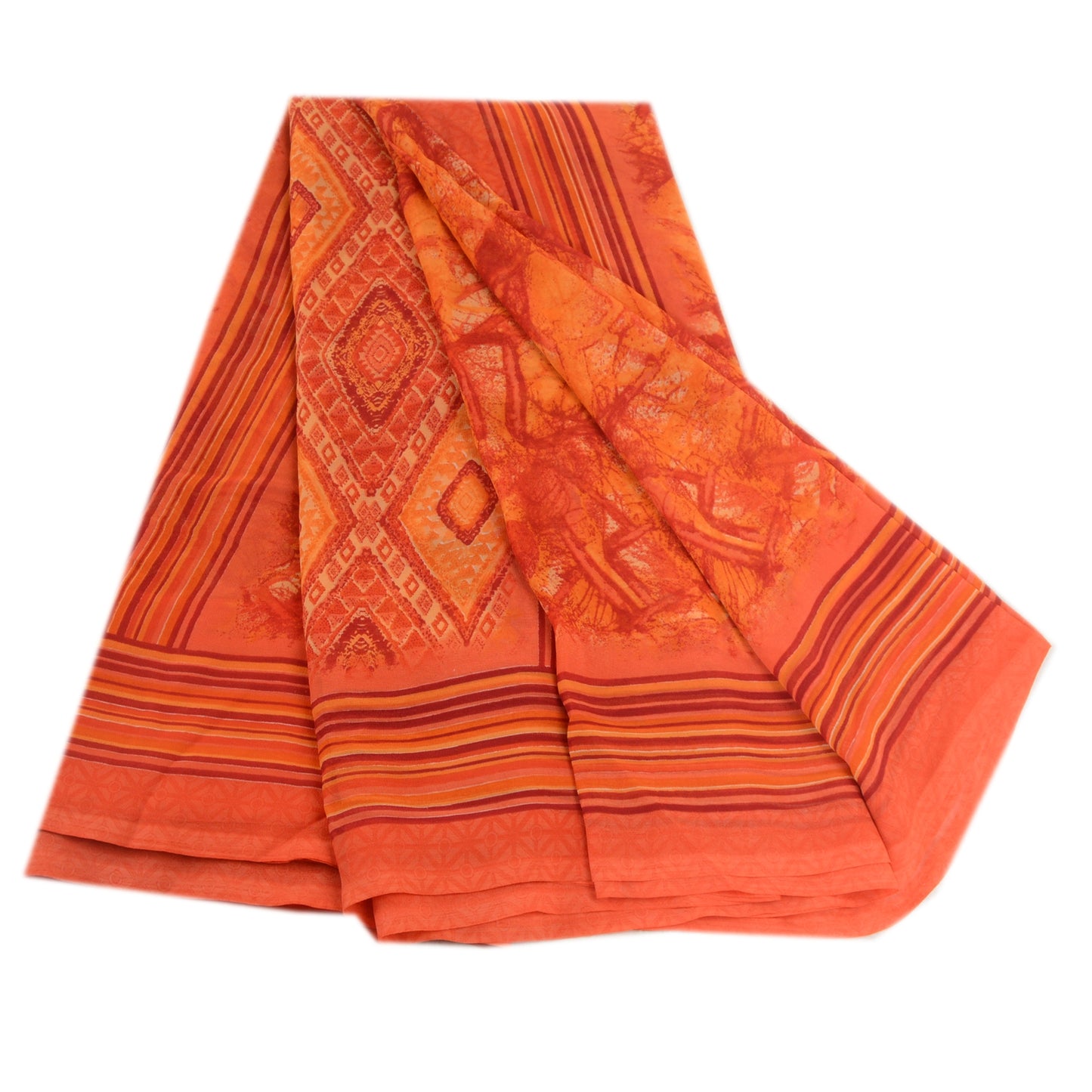 Sanskriti Vintage Orange Indian Sarees Georgette Printed Sari Craft 5Yard Fabric