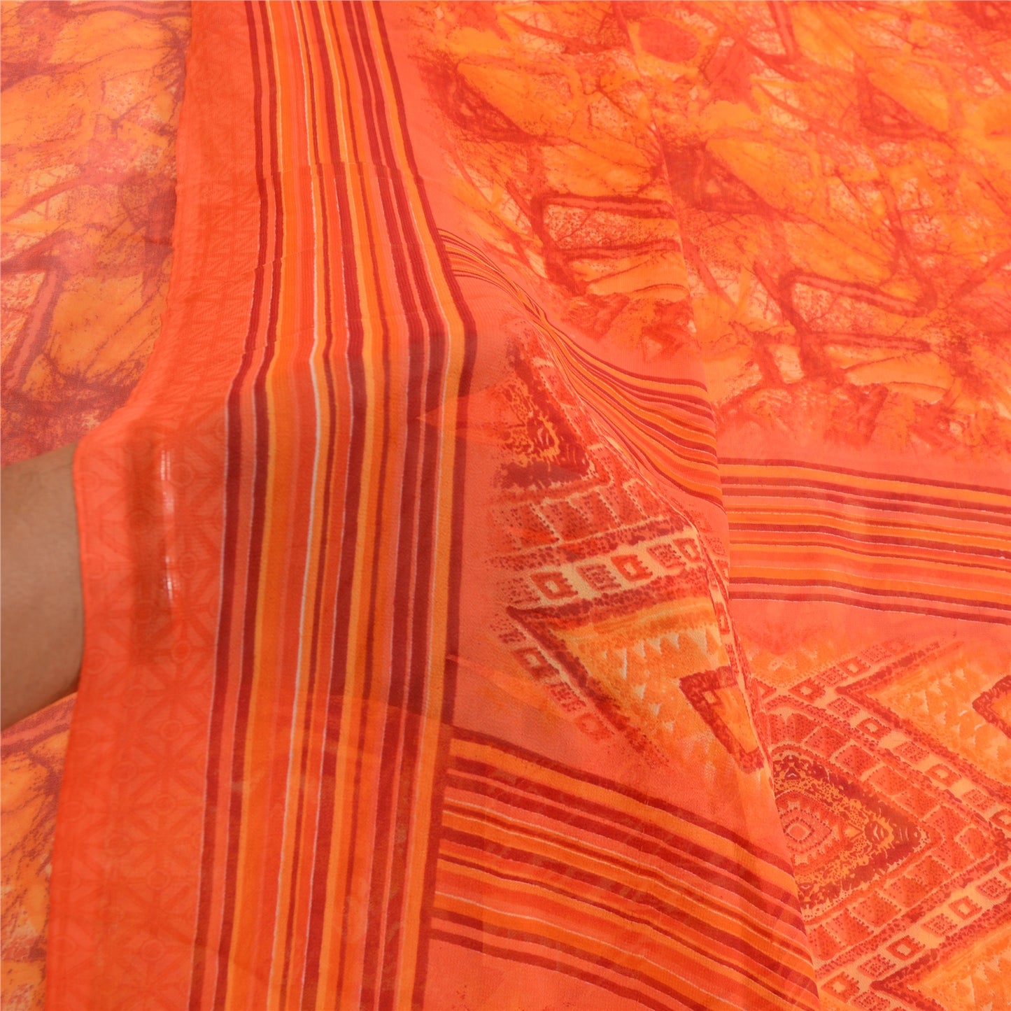 Sanskriti Vintage Orange Indian Sarees Georgette Printed Sari Craft 5Yard Fabric