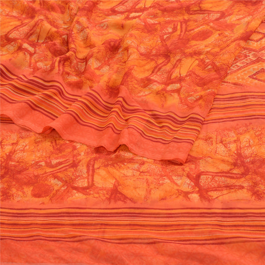 Sanskriti Vintage Orange Indian Sarees Georgette Printed Sari Craft 5Yard Fabric