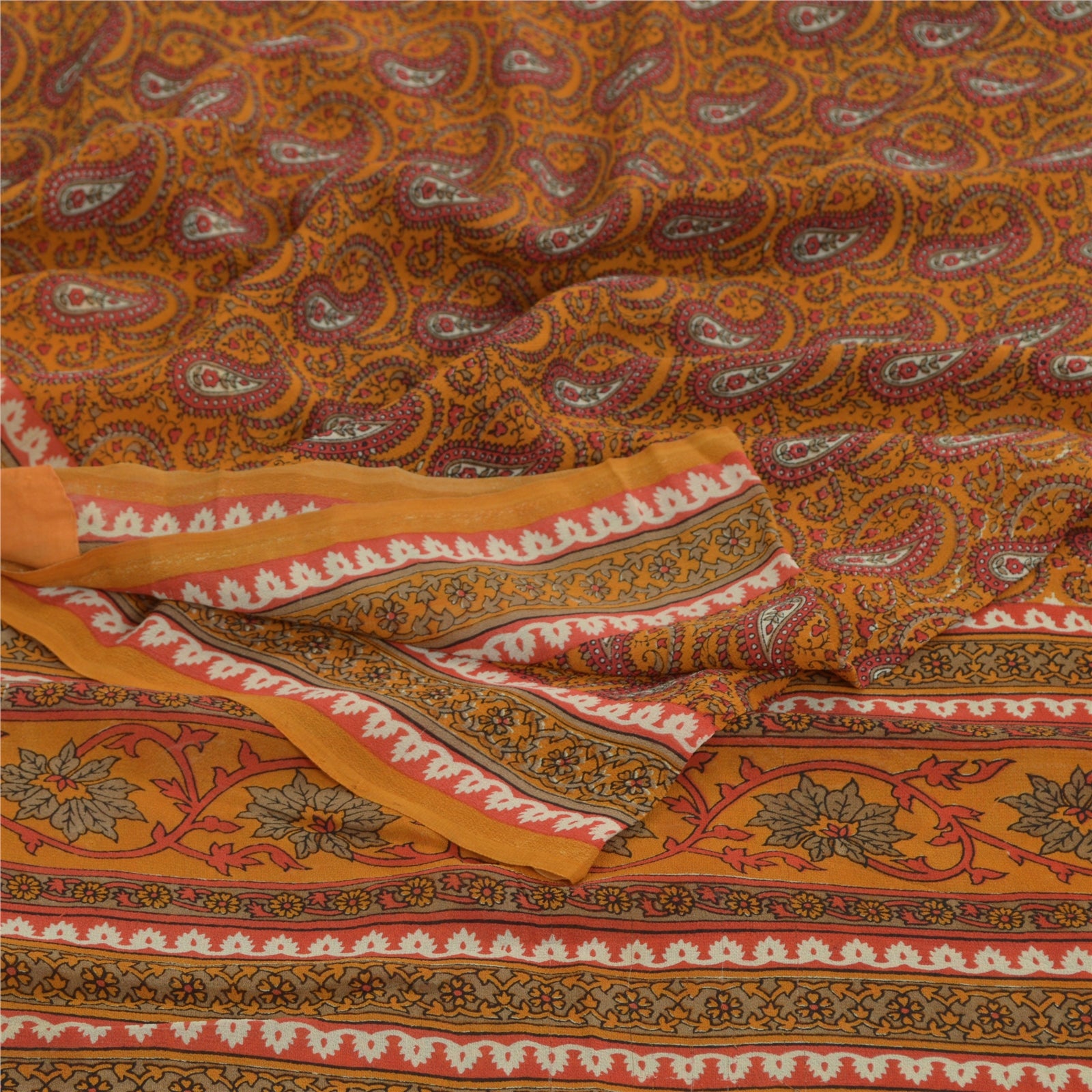 Sanskriti Vintage Yellow Sarees Pure Georgette Paisley Printed Sari Craft Fabric