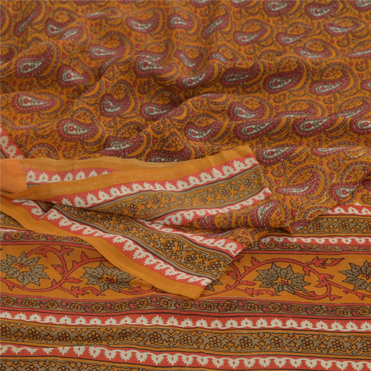 Sanskriti Vintage Yellow Sarees Pure Georgette Paisley Printed Sari Craft Fabric