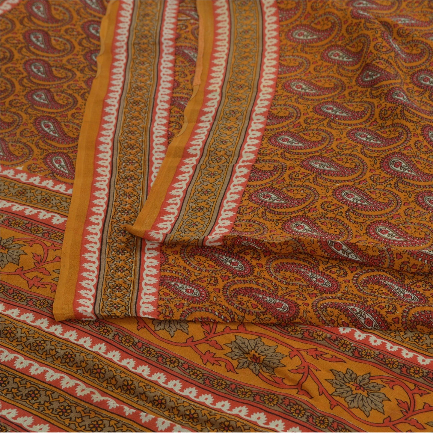 Sanskriti Vintage Yellow Sarees Pure Georgette Paisley Printed Sari Craft Fabric