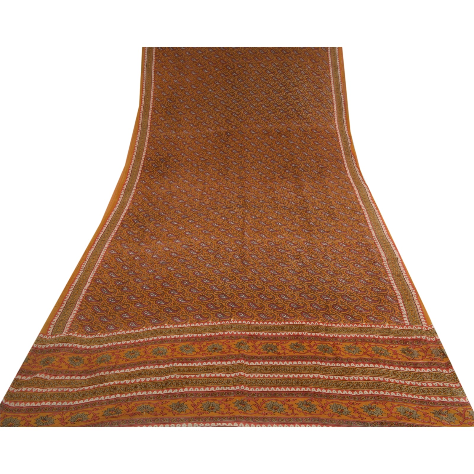 Sanskriti Vintage Yellow Sarees Pure Georgette Paisley Printed Sari Craft Fabric