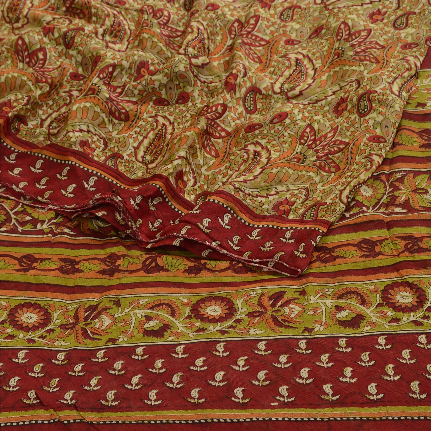 Sanskriti Vintage Green 100% Pure Georgette Silk Printed Saree Sari Craft Fabric