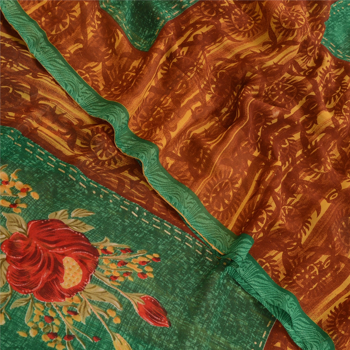 Sanskriti Vintage Saree Brown Georgette Floral Abstract Printed Sari 5.5+YD Craft Fabric Create Dresses, Kaftan, Skirt, Tops, Projects