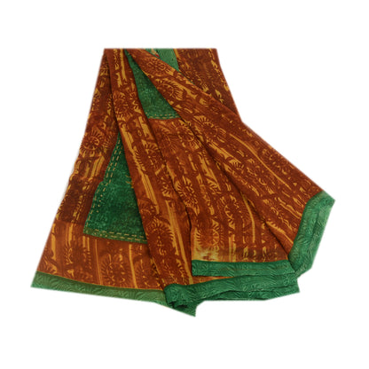Sanskriti Vintage Saree Brown Georgette Floral Abstract Printed Sari 5.5+YD Craft Fabric Create Dresses, Kaftan, Skirt, Tops, Projects