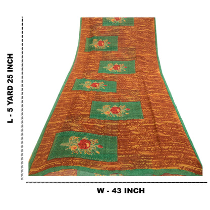 Sanskriti Vintage Saree Brown Georgette Floral Abstract Printed Sari 5.5+YD Craft Fabric Create Dresses, Kaftan, Skirt, Tops, Projects