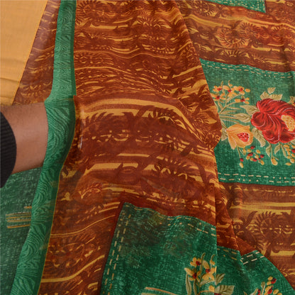 Sanskriti Vintage Saree Brown Georgette Floral Abstract Printed Sari 5.5+YD Craft Fabric Create Dresses, Kaftan, Skirt, Tops, Projects