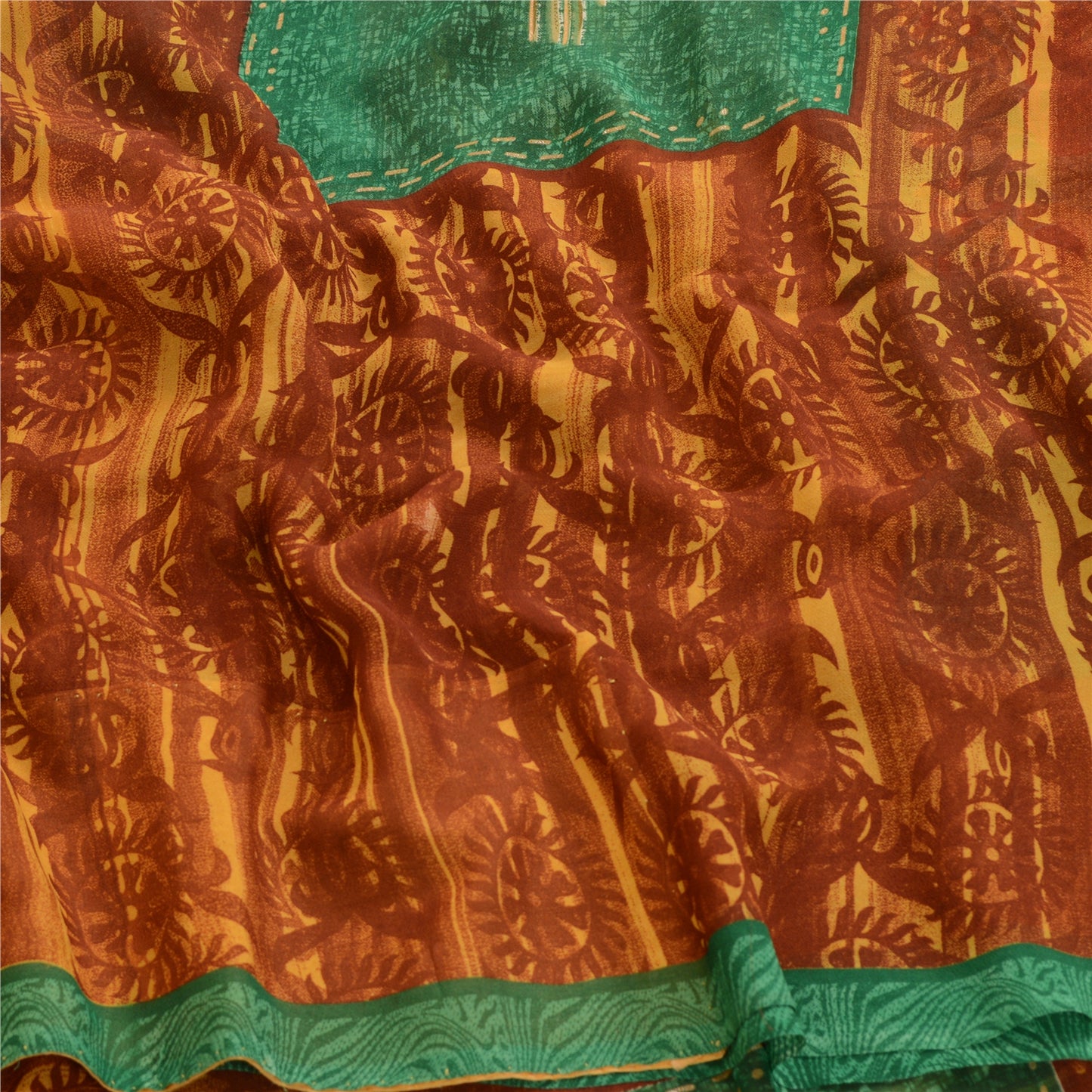 Sanskriti Vintage Saree Brown Georgette Floral Abstract Printed Sari 5.5+YD Craft Fabric Create Dresses, Kaftan, Skirt, Tops, Projects