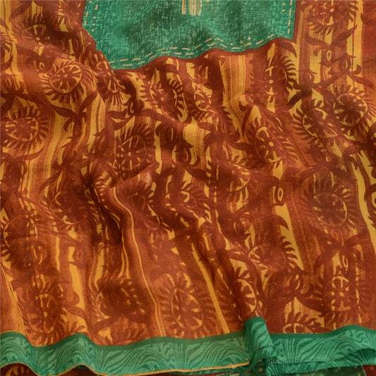 Sanskriti Vintage Saree Brown Georgette Floral Abstract Printed Sari 5.5+YD Craft Fabric Create Dresses, Kaftan, Skirt, Tops, Projects