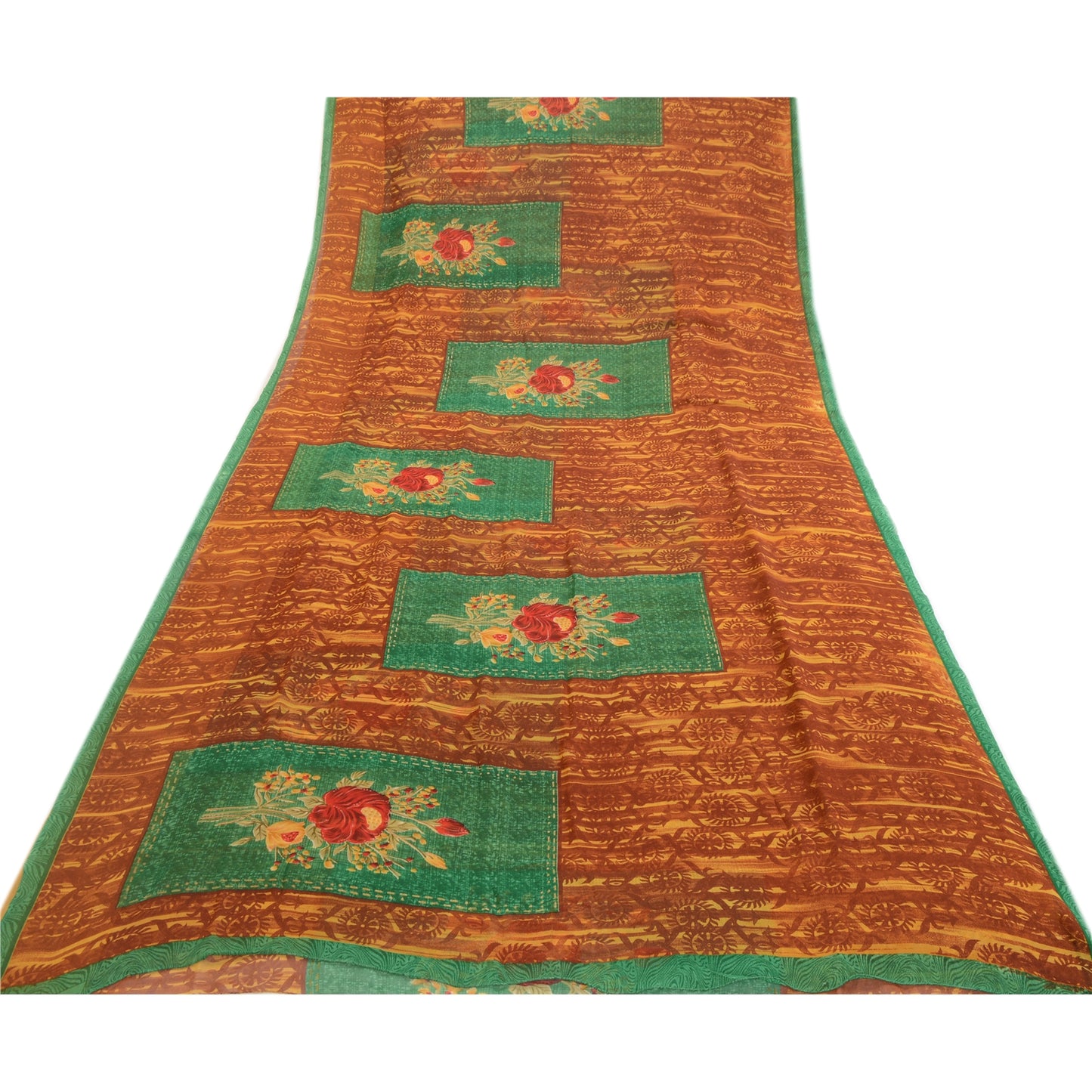 Sanskriti Vintage Saree Brown Georgette Floral Abstract Printed Sari 5.5+YD Craft Fabric Create Dresses, Kaftan, Skirt, Tops, Projects