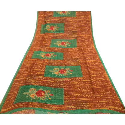 Sanskriti Vintage Saree Brown Georgette Floral Abstract Printed Sari 5.5+YD Craft Fabric Create Dresses, Kaftan, Skirt, Tops, Projects