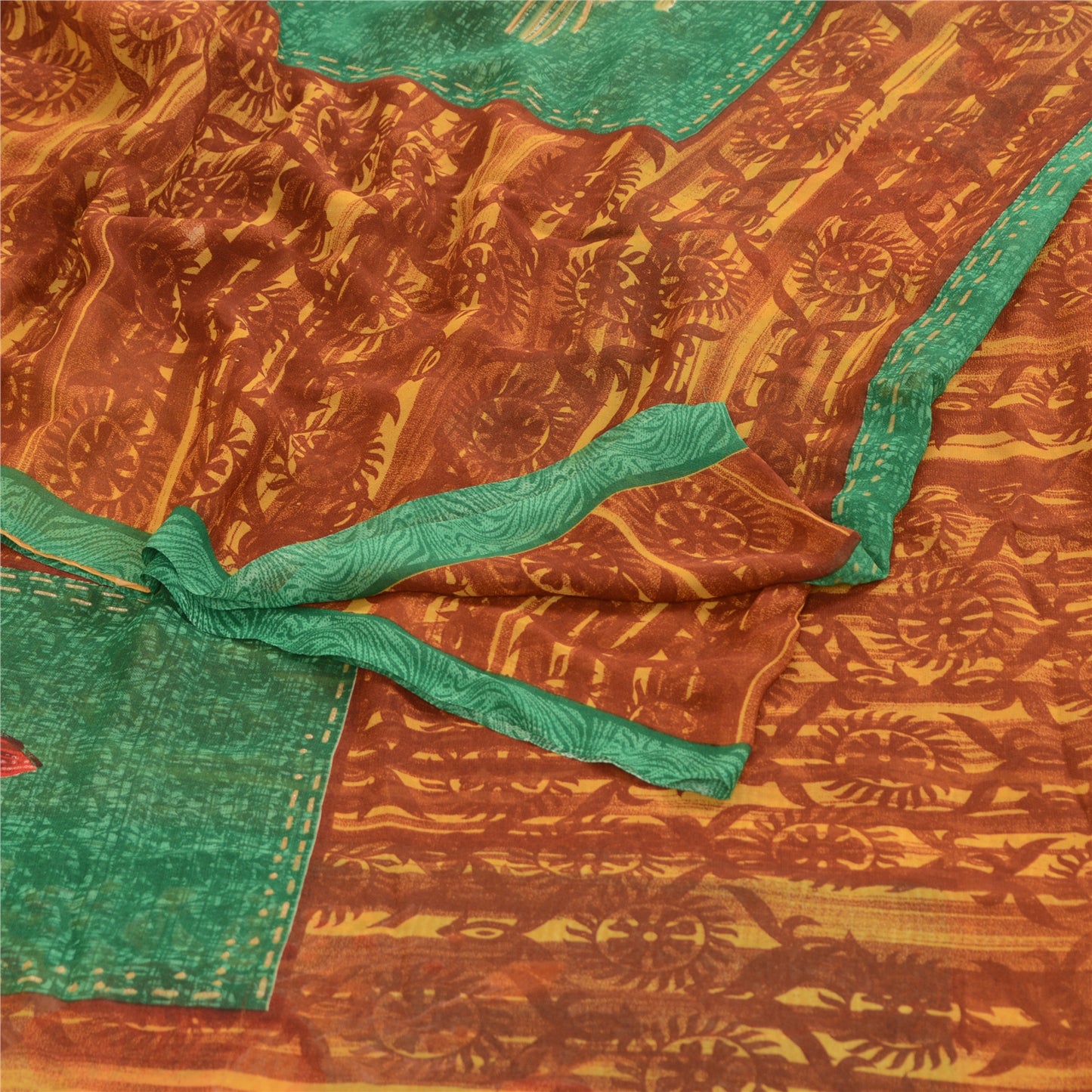 Sanskriti Vintage Saree Brown Georgette Floral Abstract Printed Sari 5.5+YD Craft Fabric Create Dresses, Kaftan, Skirt, Tops, Projects
