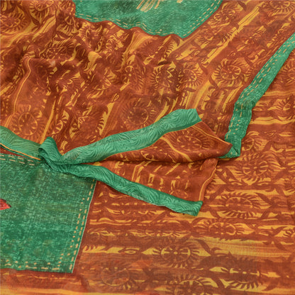 Sanskriti Vintage Saree Brown Georgette Floral Abstract Printed Sari 5.5+YD Craft Fabric Create Dresses, Kaftan, Skirt, Tops, Projects