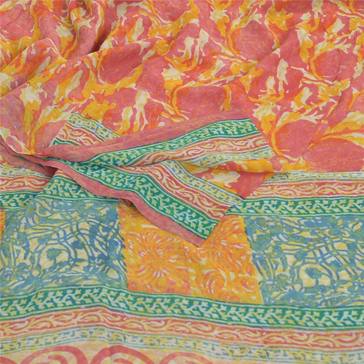 Sanskriti Vintage Cream Sarees Pure Georgette Silk Printed Sari Craft Fabric
