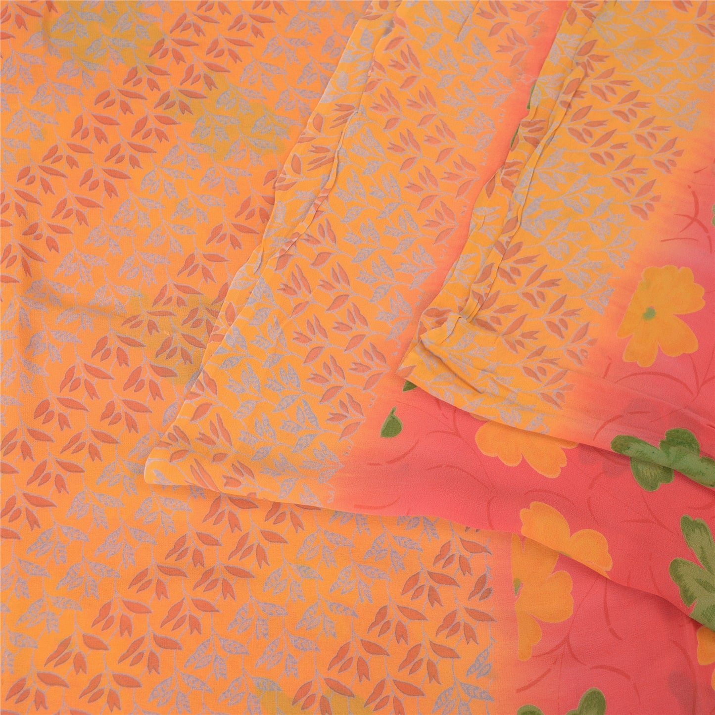 Sanskriti Vintage Saree Red-Orange 100% Pure Georgette Silk Floral Printed Sari 5Yd Craft Fabric Uses-linen, Cushions, Curtains, Dressing