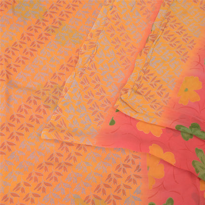 Sanskriti Vintage Saree Red-Orange 100% Pure Georgette Silk Floral Printed Sari 5Yd Craft Fabric Uses-linen, Cushions, Curtains, Dressing