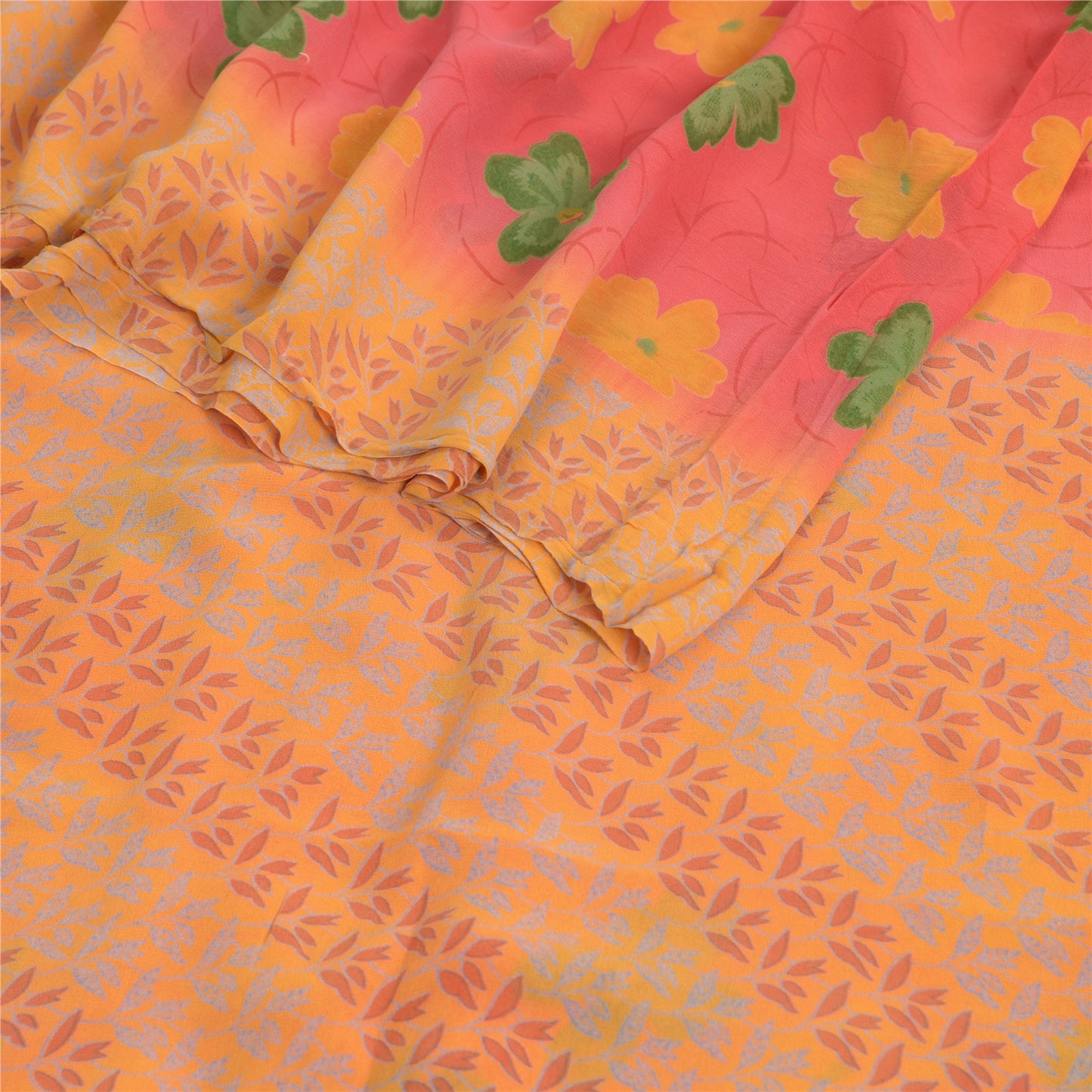 Sanskriti Vintage Saree Red-Orange 100% Pure Georgette Silk Floral Printed Sari 5Yd Craft Fabric Uses-linen, Cushions, Curtains, Dressing