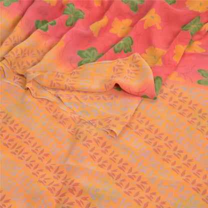 Sanskriti Vintage Saree Red-Orange 100% Pure Georgette Silk Floral Printed Sari 5Yd Craft Fabric Uses-linen, Cushions, Curtains, Dressing