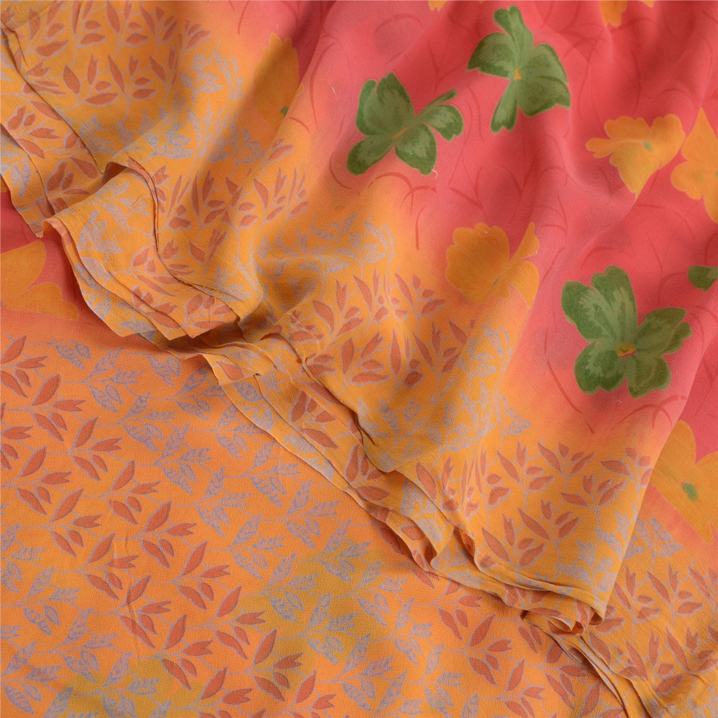 Sanskriti Vintage Saree Red-Orange 100% Pure Georgette Silk Floral Printed Sari 5Yd Craft Fabric Uses-linen, Cushions, Curtains, Dressing