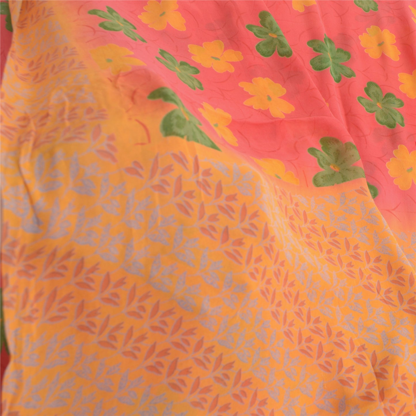 Sanskriti Vintage Saree Red-Orange 100% Pure Georgette Silk Floral Printed Sari 5Yd Craft Fabric Uses-linen, Cushions, Curtains, Dressing