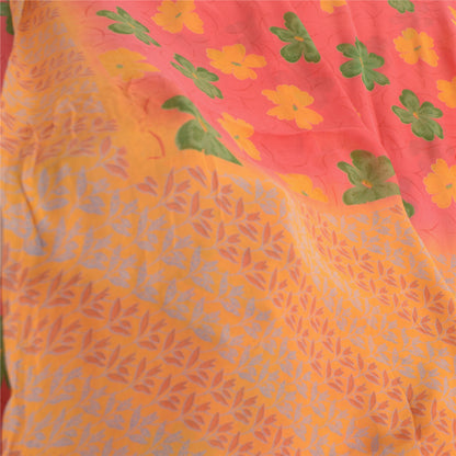 Sanskriti Vintage Saree Red-Orange 100% Pure Georgette Silk Floral Printed Sari 5Yd Craft Fabric Uses-linen, Cushions, Curtains, Dressing