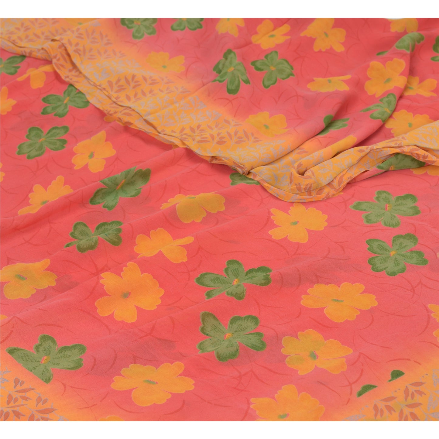 Sanskriti Vintage Saree Red-Orange 100% Pure Georgette Silk Floral Printed Sari 5Yd Craft Fabric Uses-linen, Cushions, Curtains, Dressing