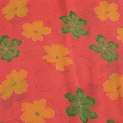 Sanskriti Vintage Saree Red-Orange 100% Pure Georgette Silk Floral Printed Sari 5Yd Craft Fabric Uses-linen, Cushions, Curtains, Dressing