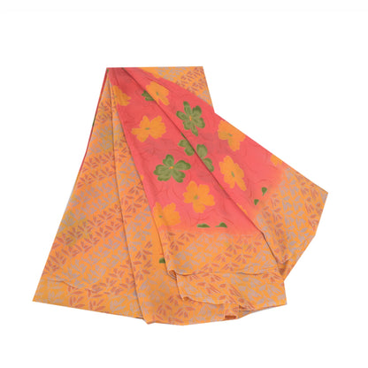 Sanskriti Vintage Saree Red-Orange 100% Pure Georgette Silk Floral Printed Sari 5Yd Craft Fabric Uses-linen, Cushions, Curtains, Dressing
