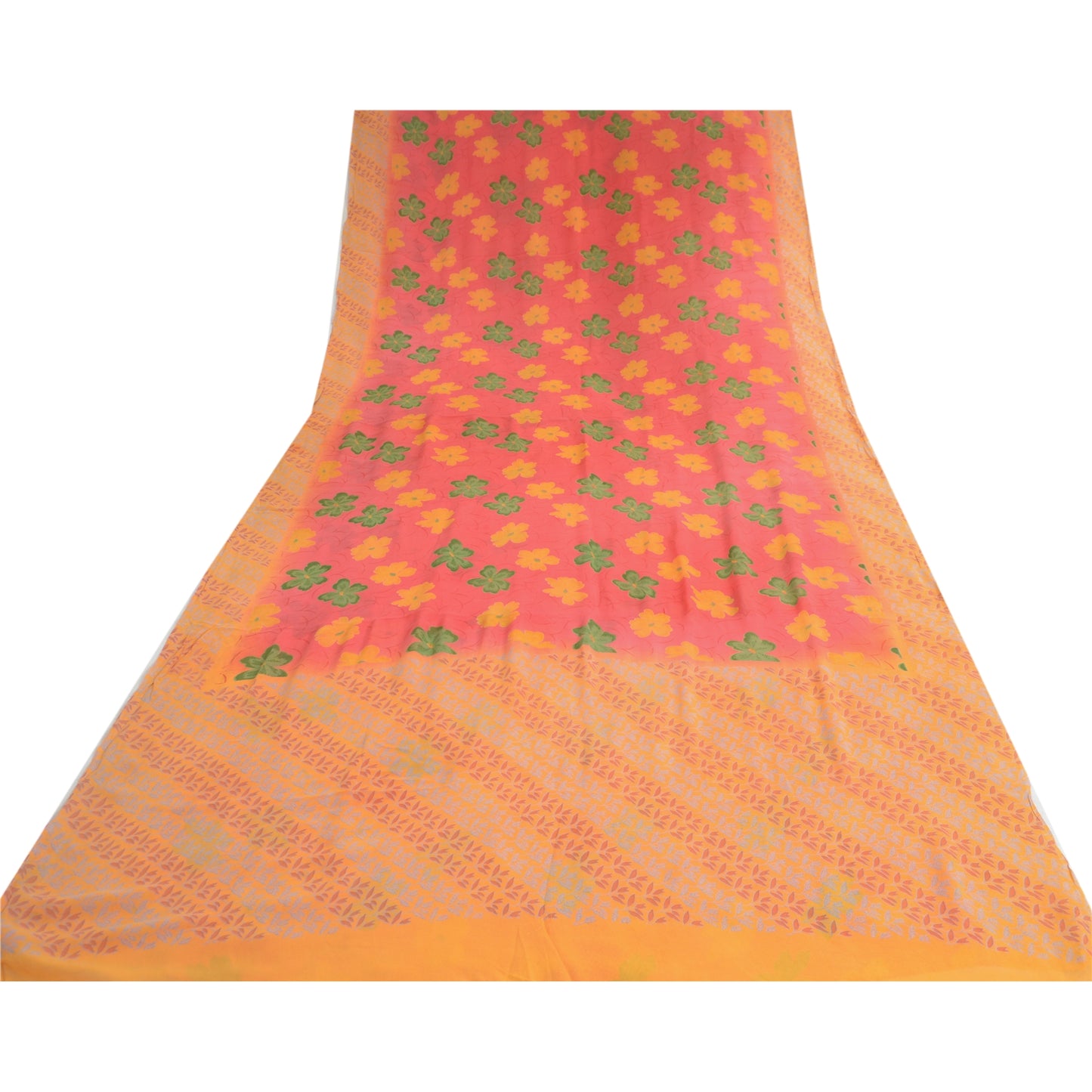 Sanskriti Vintage Saree Red-Orange 100% Pure Georgette Silk Floral Printed Sari 5Yd Craft Fabric Uses-linen, Cushions, Curtains, Dressing
