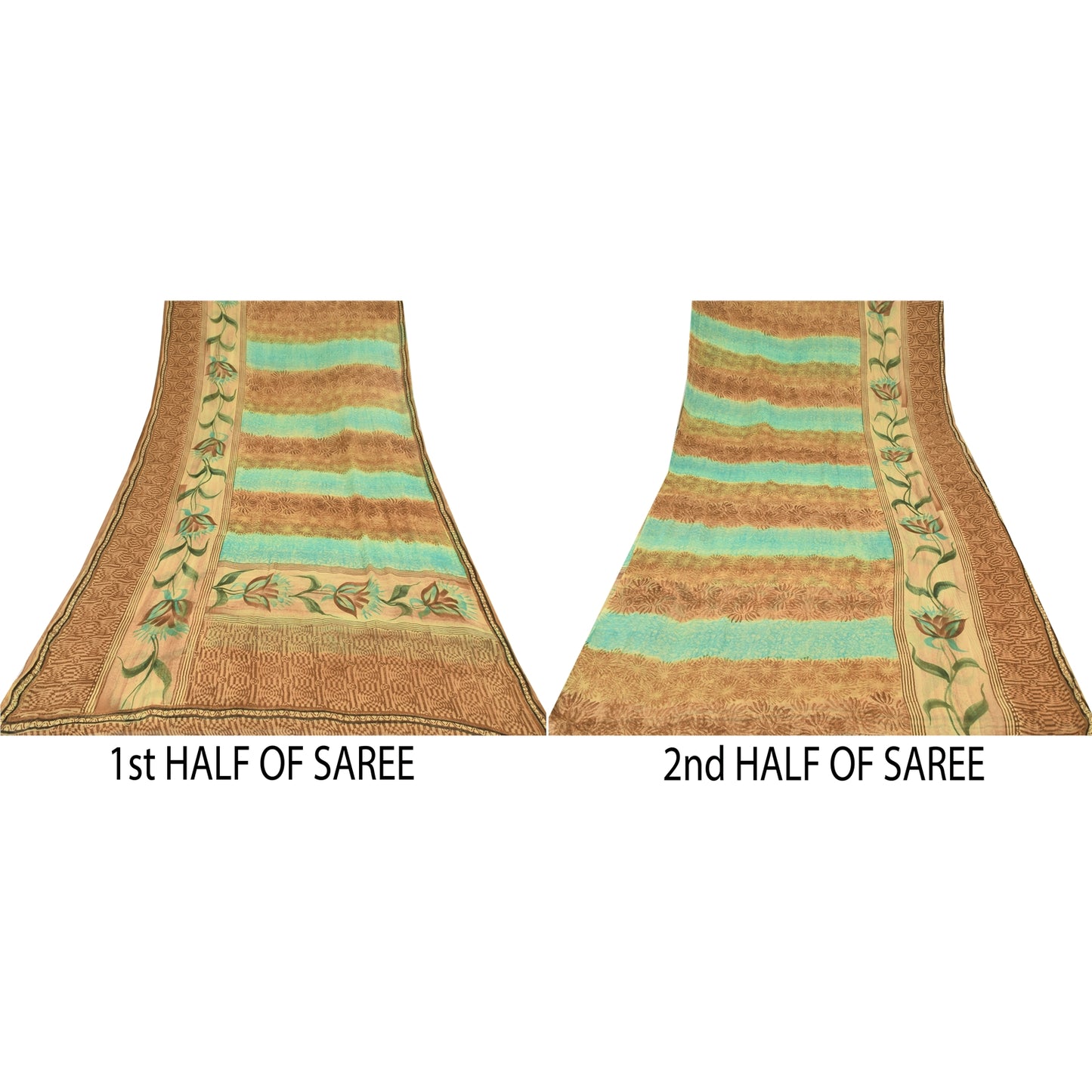 Sanskriti Vintage Brown & Blue Sari Pure Georgette Printed Sarees Craft Fabric