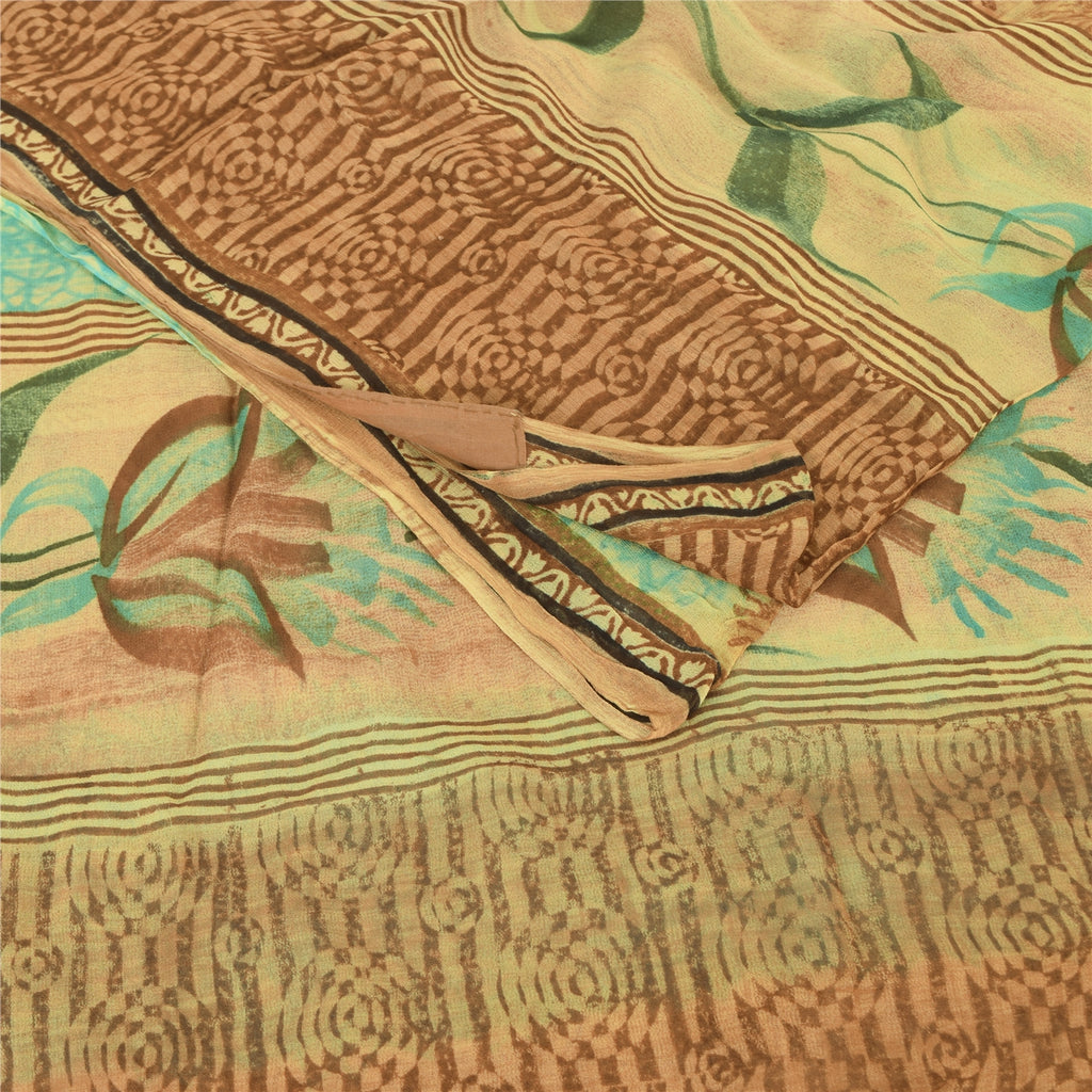 Sanskriti Vintage Brown & Blue Sari Pure Georgette Printed Sarees Craft Fabric