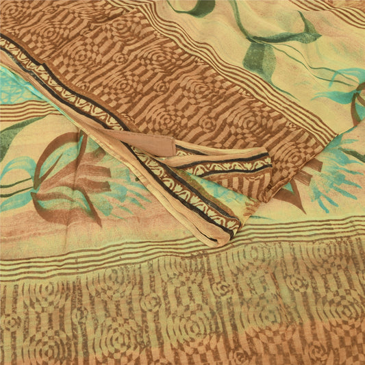 Sanskriti Vintage 100% Pure Georgette Brown & Blue Printed Sarees 5 Yd Craft Fabric Create-Floral Dresses, Kaftans, Skirts, Tops, Project