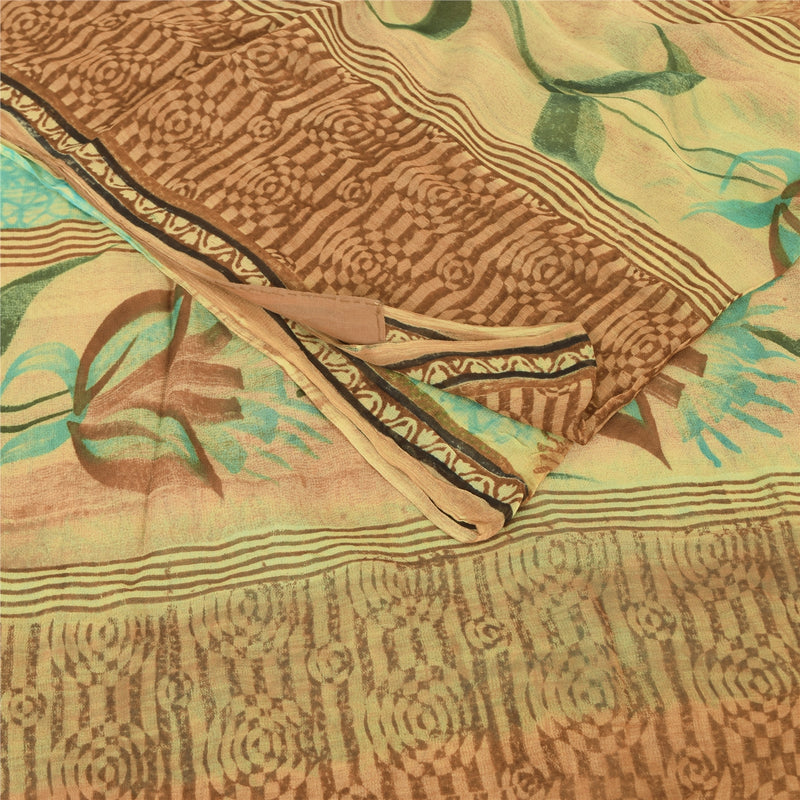 Sanskriti Vintage 100% Pure Georgette Brown & Blue Printed Sarees 5 Yd Craft Fabric Create-Floral Dresses, Kaftans, Skirts, Tops, Project