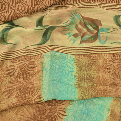 Sanskriti Vintage Brown & Blue Sari Pure Georgette Printed Sarees Craft Fabric