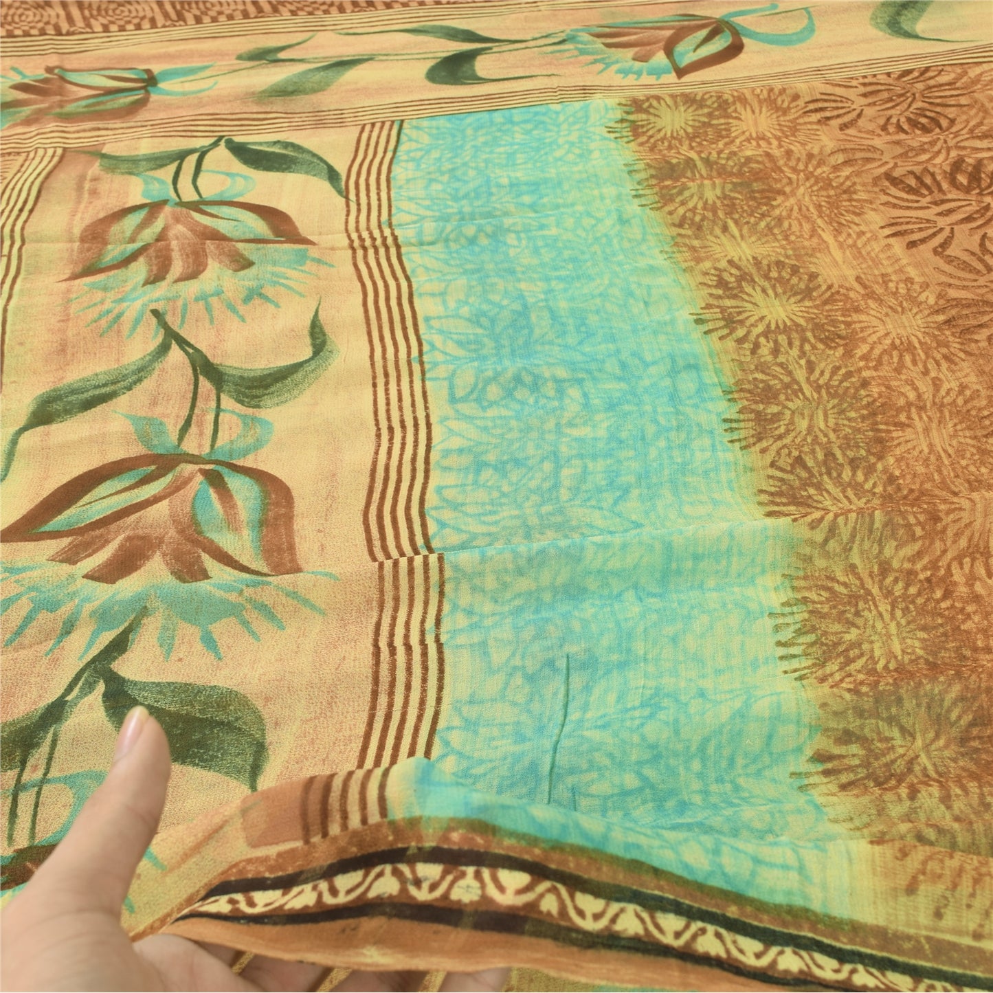 Sanskriti Vintage Brown & Blue Sari Pure Georgette Printed Sarees Craft Fabric