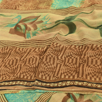 Sanskriti Vintage Brown & Blue Sari Pure Georgette Printed Sarees Craft Fabric