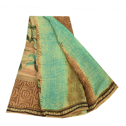 Sanskriti Vintage Brown & Blue Sari Pure Georgette Printed Sarees Craft Fabric