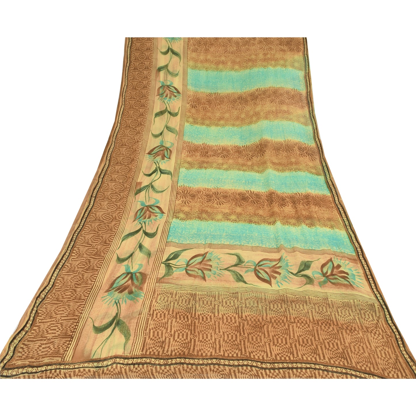 Sanskriti Vintage Brown & Blue Sari Pure Georgette Printed Sarees Craft Fabric