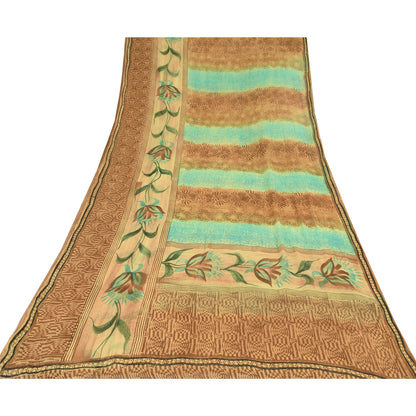Sanskriti Vintage Brown & Blue Sari Pure Georgette Printed Sarees Craft Fabric
