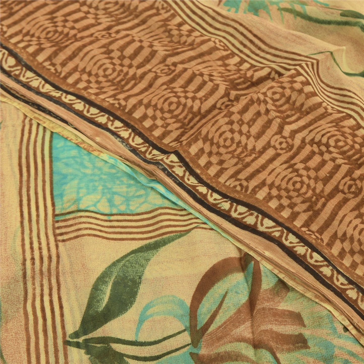 Sanskriti Vintage Brown & Blue Sari Pure Georgette Printed Sarees Craft Fabric