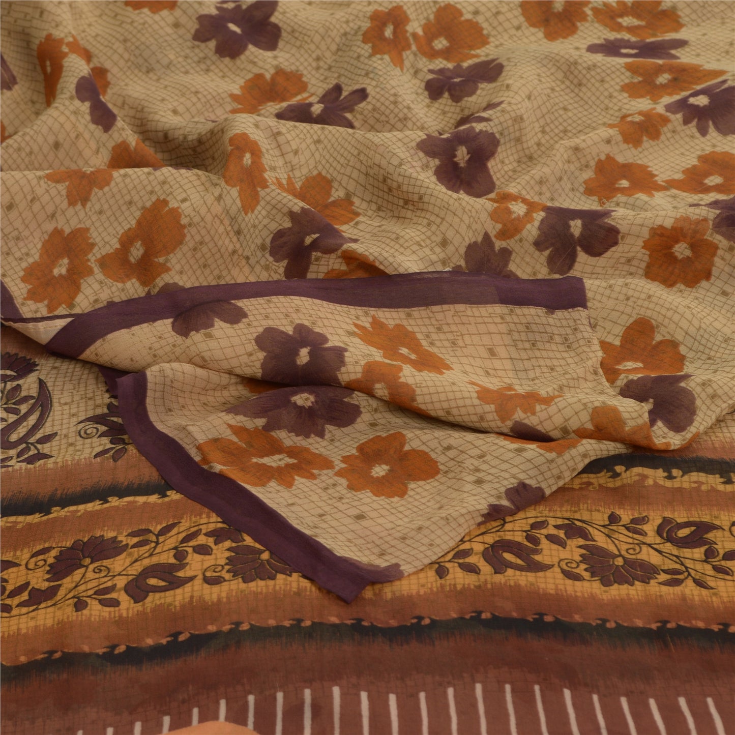 Sanskriti Vintage Brown Sarees Pure Georgette Silk Printed Sari Craft 5Yd Fabric