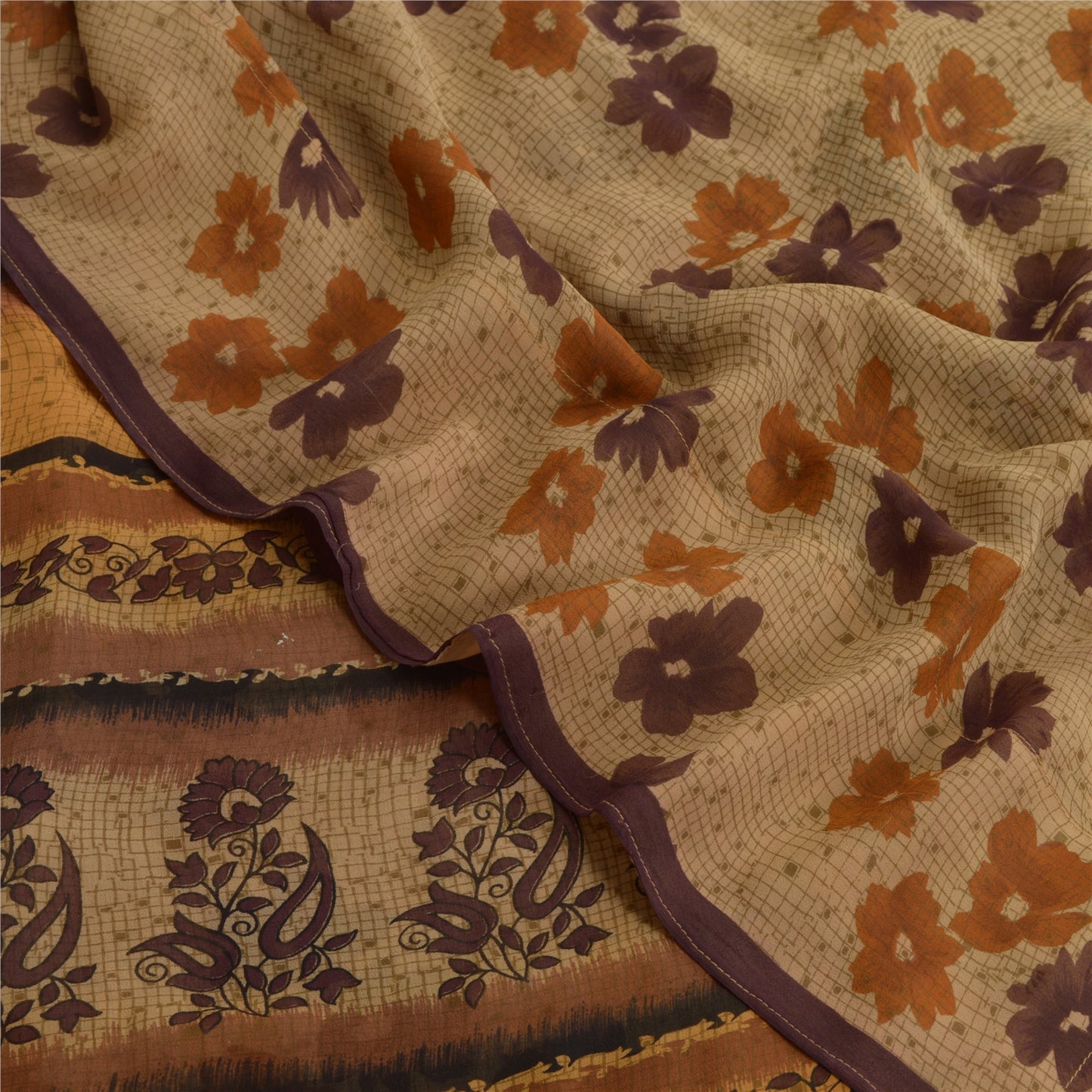 Sanskriti Vintage Brown Sarees Pure Georgette Silk Printed Sari Craft 5Yd Fabric