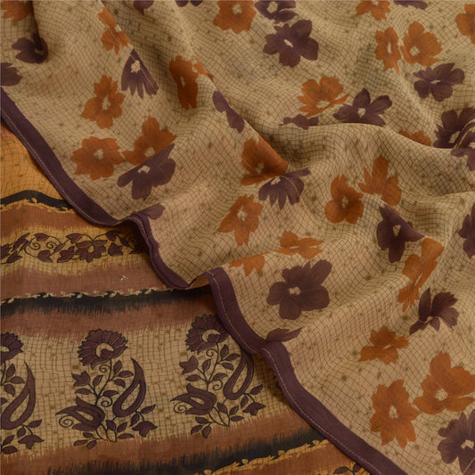 Sanskriti Vintage Saree Brown 100% Pure Georgette Silk Floral Printed Sari Craft 5.5+Yd Fabric Home Decor, Sewing, Upcycling, DIY Projects