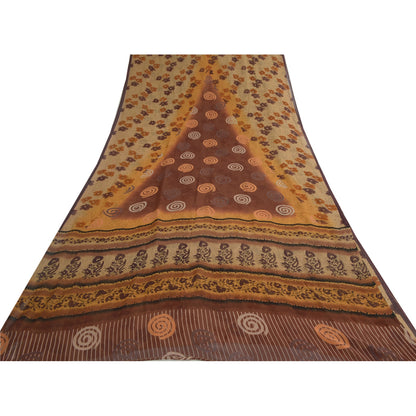 Sanskriti Vintage Brown Sarees Pure Georgette Silk Printed Sari Craft 5Yd Fabric